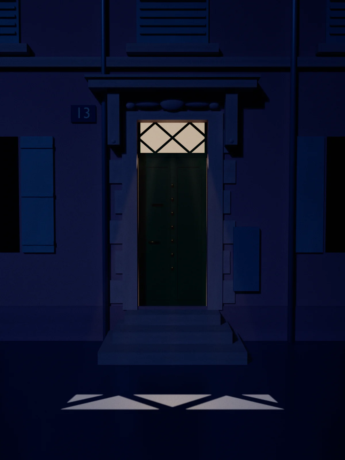 La porte verte du 13, la nuit. De la lumière filtre par l’imposte vitrée.